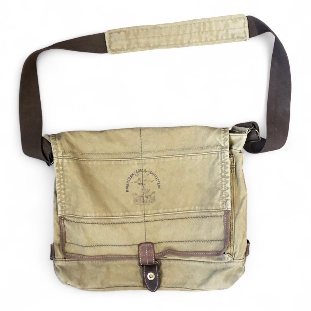 2000s American Eagle Vintage Y2k Canvas Messenger Crossbody Carry Book Bag Khaki